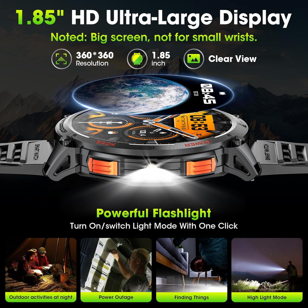 Militaire Smartwatch voor Mannen met 1,85" HD Scherm en Fakkel