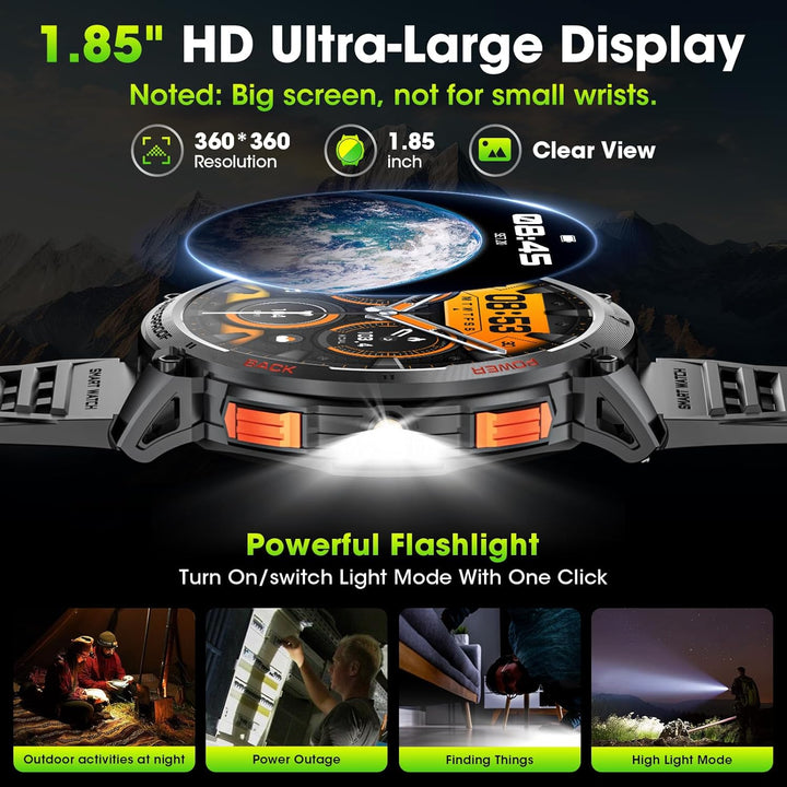 Militaire Smartwatch voor Mannen met 1,85" HD Scherm en Fakkel