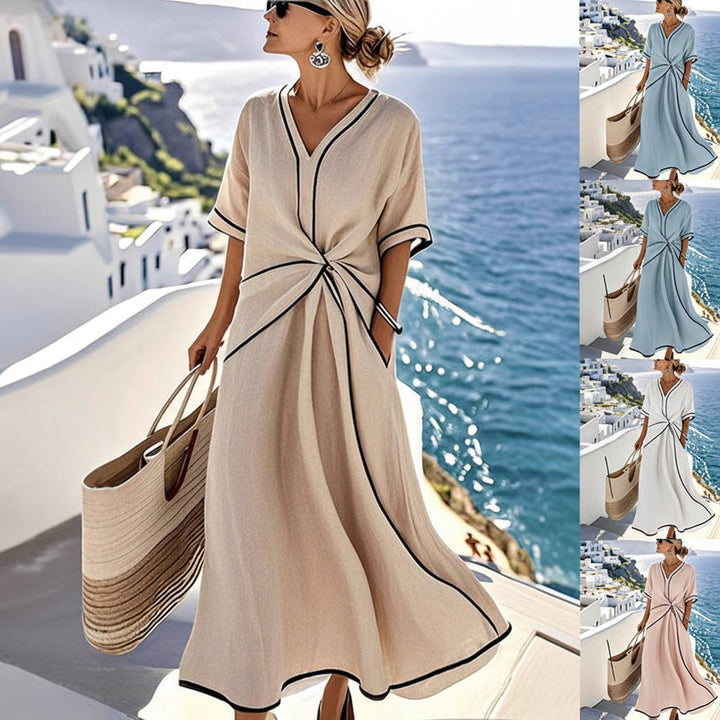 Summer Striped Print Dress Casual Beach Vacation Short-sleeved Maxi Dress Womens Clothing