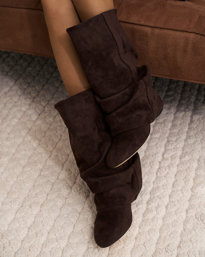 Slouchy kniehoge laarzen voor dames met verborgen hak, ronde neus, donkere chocolade