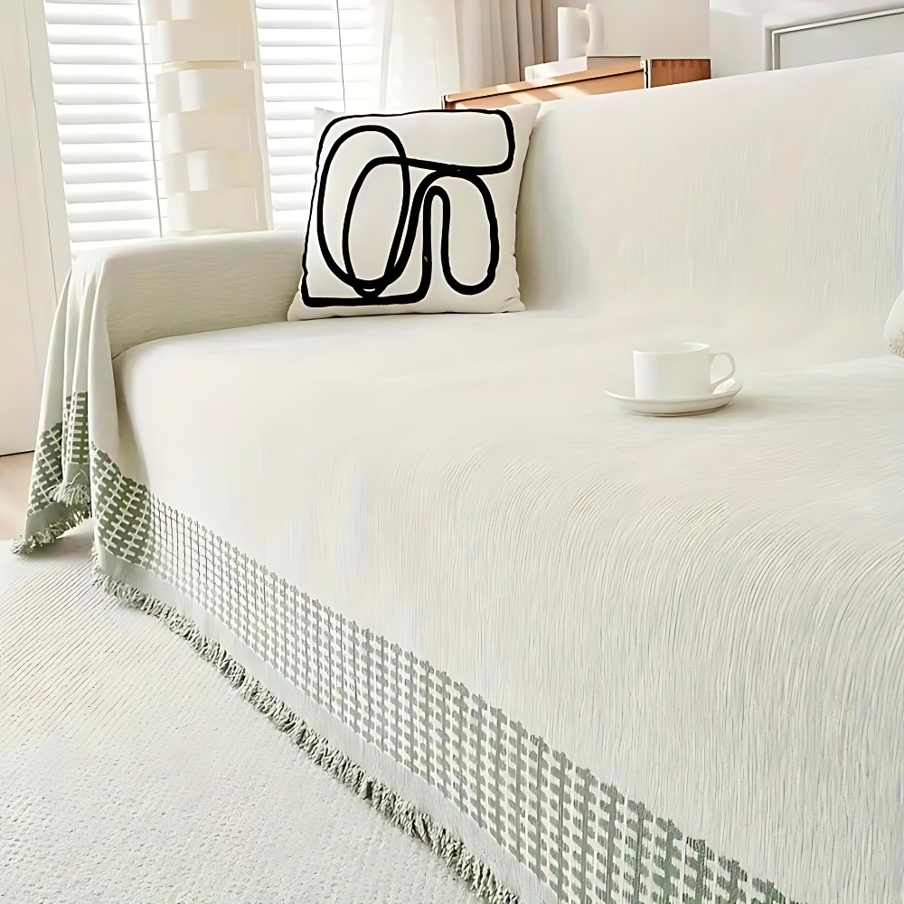 Serene Oasis bankbeschermer, rustieke bankhoes met kwastjes