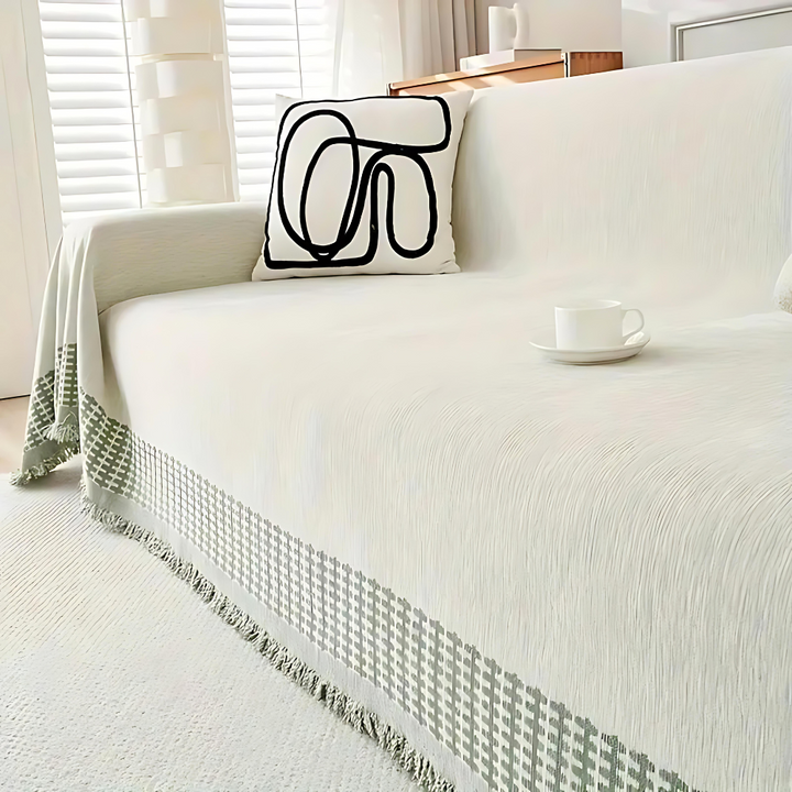 Serene Oasis bankbeschermer, rustieke bankhoes met kwastjes