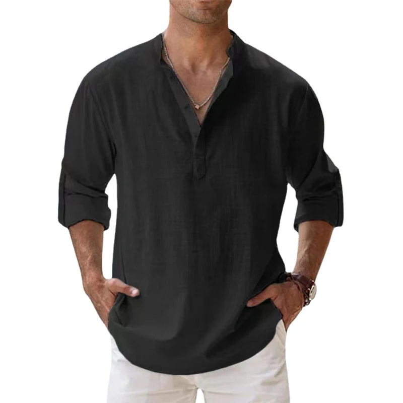 Linnen henley-shirt voor heren, los bovenstuk met knoopsluiting voor de zomer