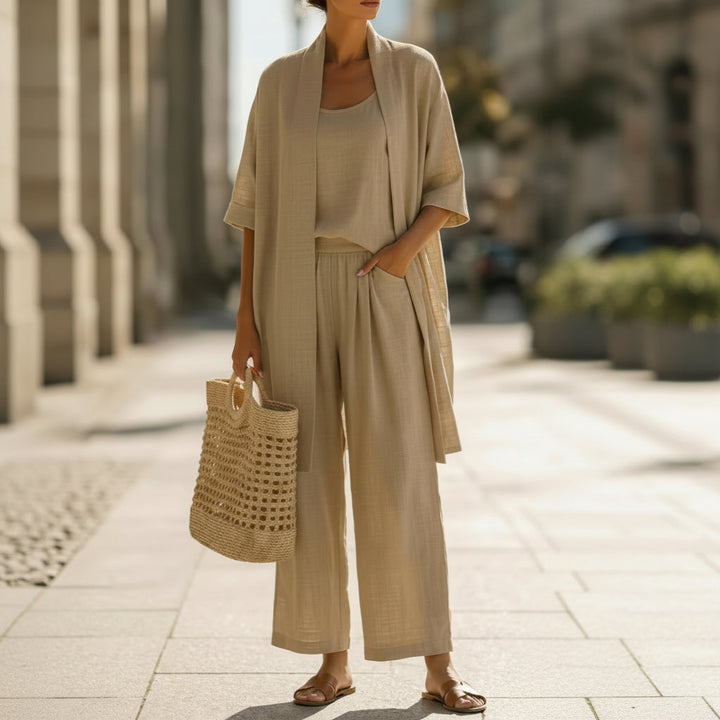 Three-piece Suit Women's Mid-length Cardigan Tank Top And Straight-leg With Pockets Fashion Trousers Set
