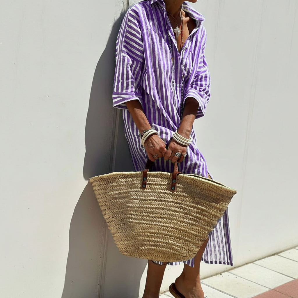 Striped Shirt Dress With Belt Fashion Half-sleeved Lapel Button Cardigan Dresses Women's Clothing