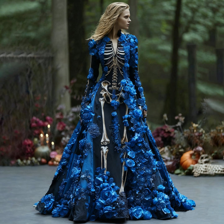 Maxi-jurk met lange mouwen en skeletbloemenprint voor dames, voor Halloweenfeesten