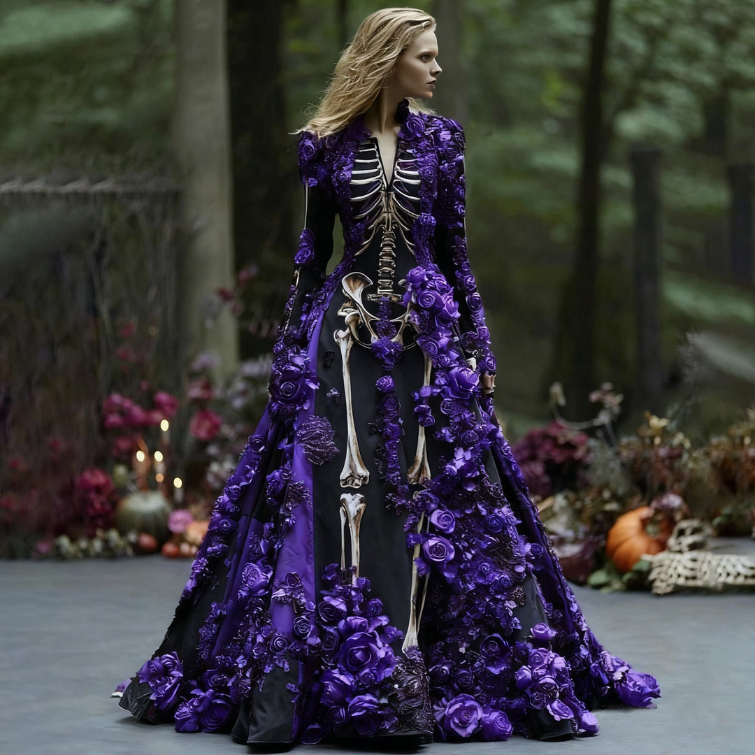 Maxi-jurk met lange mouwen en skeletbloemenprint voor dames, voor Halloweenfeesten