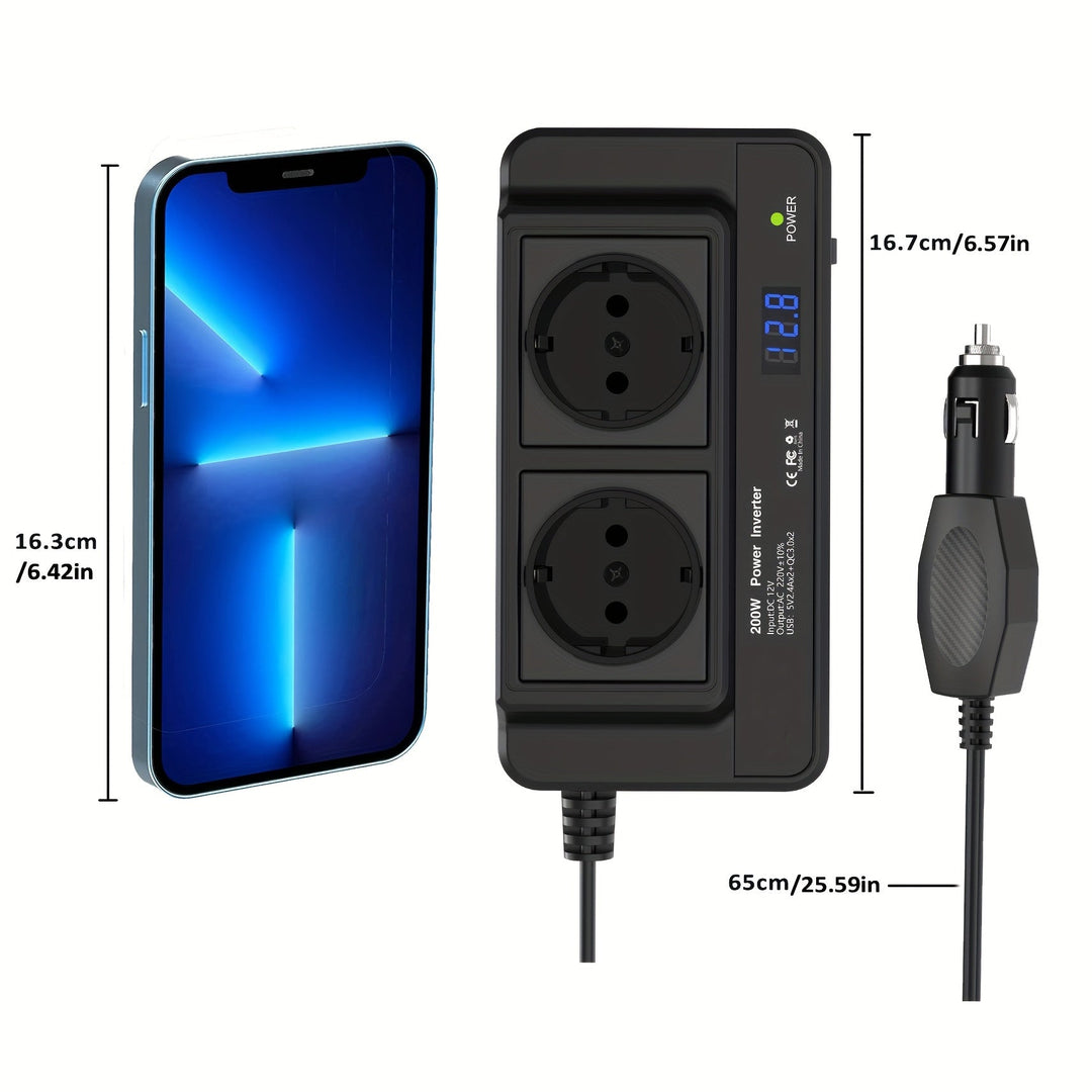 Compacte Auto-omvormer 200W – Dubbel Stopcontact & Vier USB-poorten