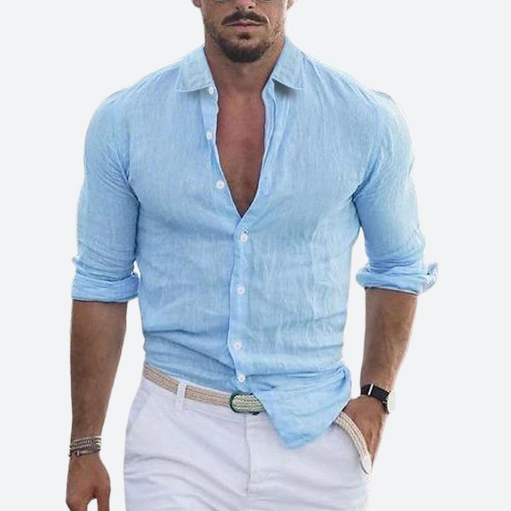 Slim-fit herenoverhemd van linnen, open kraag, zomers overhemd met knoopsluiting