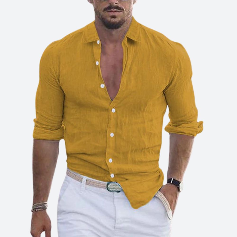 Slim-fit herenoverhemd van linnen, open kraag, zomers overhemd met knoopsluiting