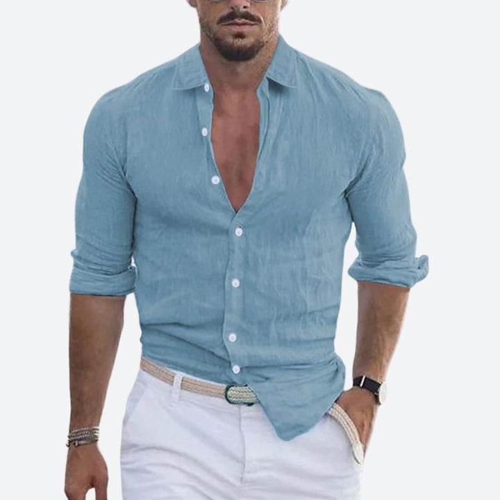 Slim-fit herenoverhemd van linnen, open kraag, zomers overhemd met knoopsluiting