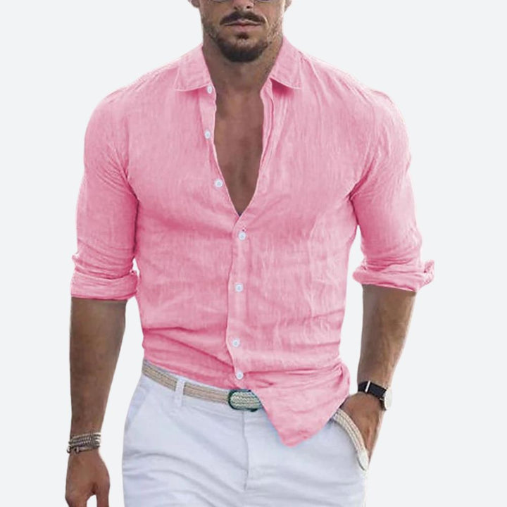 Slim-fit herenoverhemd van linnen, open kraag, zomers overhemd met knoopsluiting