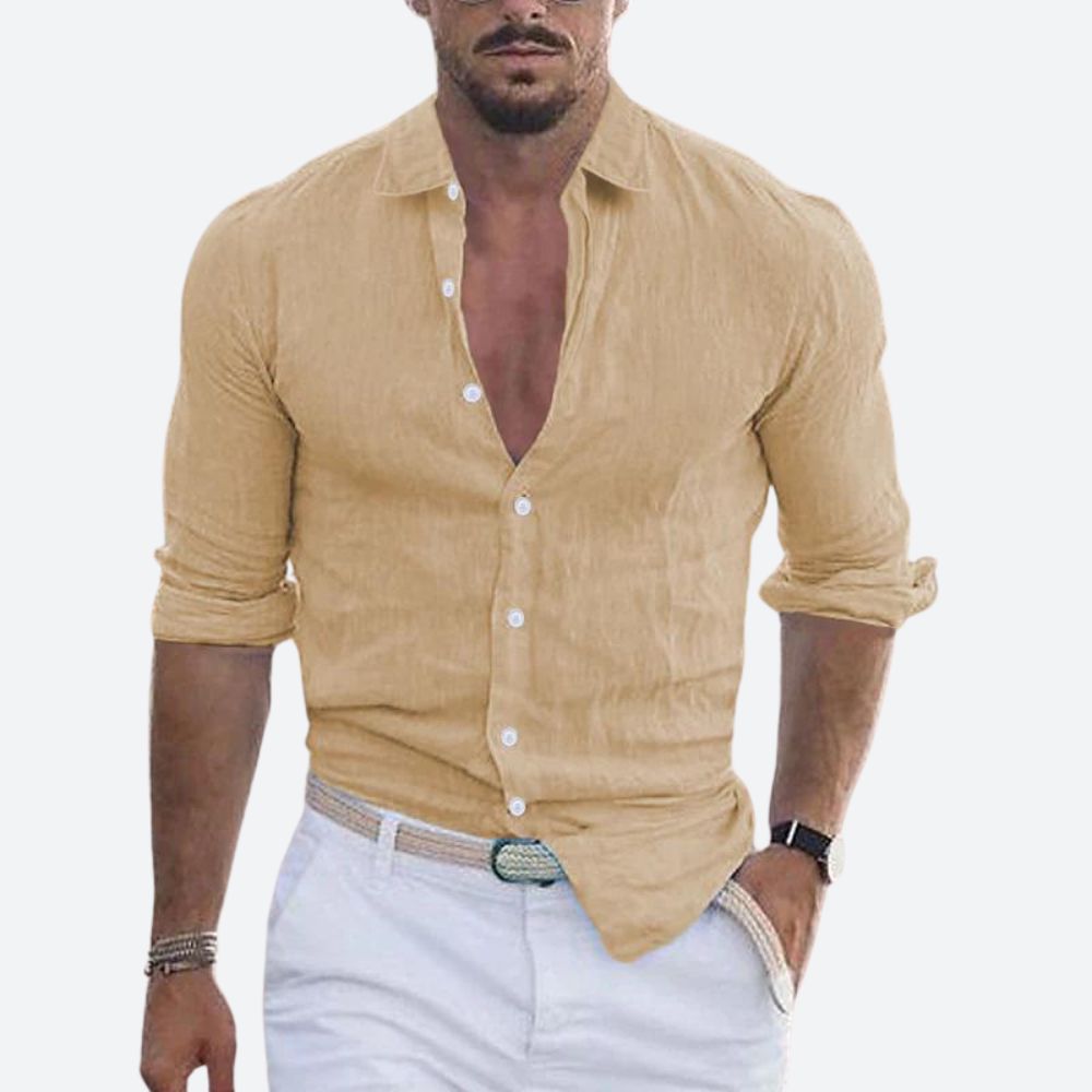 Slim-fit herenoverhemd van linnen, open kraag, zomers overhemd met knoopsluiting