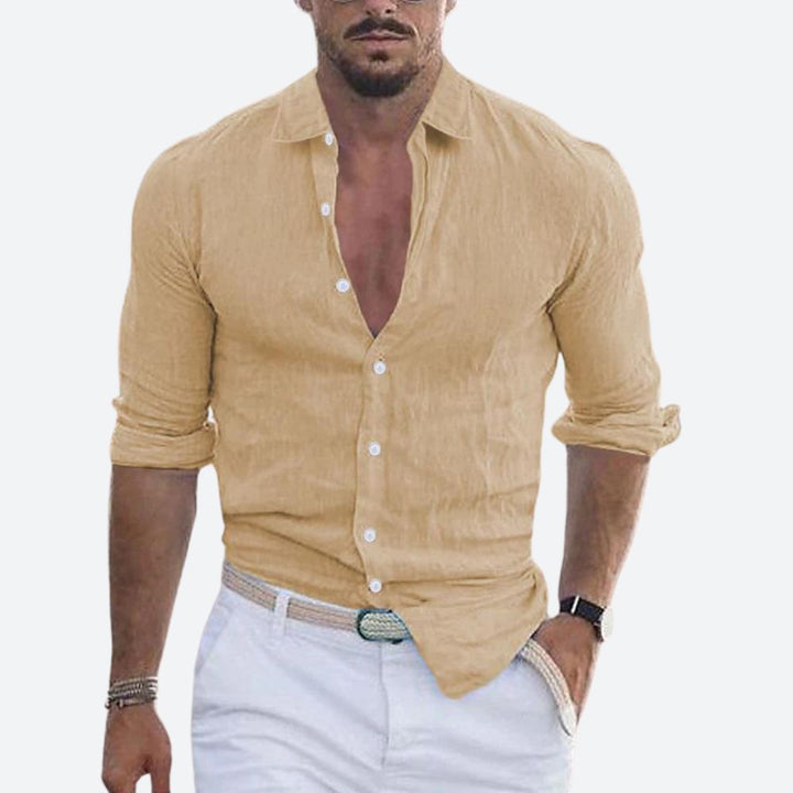 Slim-fit herenoverhemd van linnen, open kraag, zomers overhemd met knoopsluiting