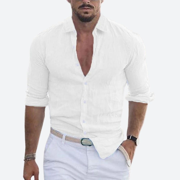 Slim-fit herenoverhemd van linnen, open kraag, zomers overhemd met knoopsluiting