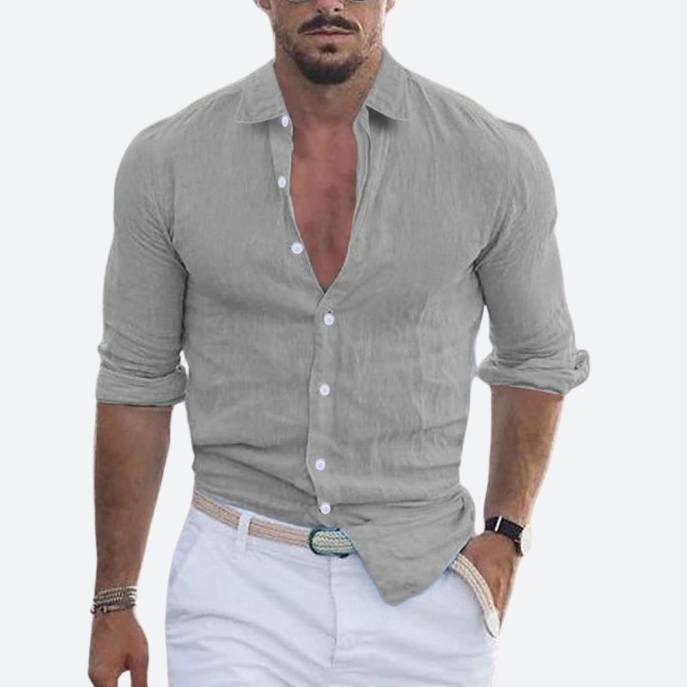 Slim-fit herenoverhemd van linnen, open kraag, zomers overhemd met knoopsluiting