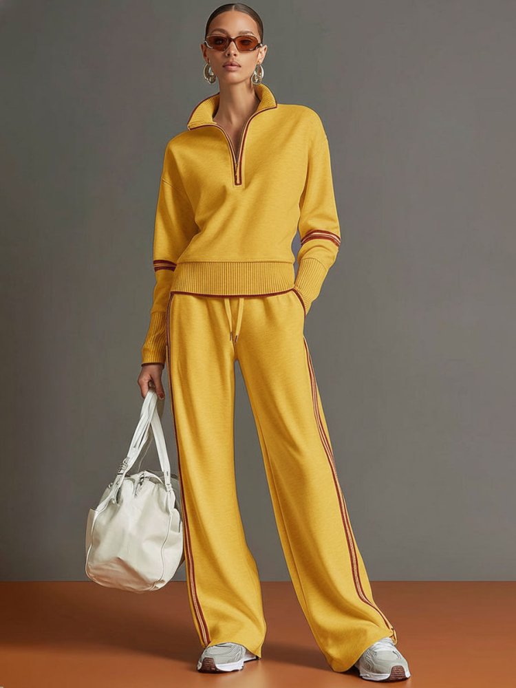 Dames loungeset met halve rits – zachte stretch, wijde broekspijpen, ideale reisoutfit