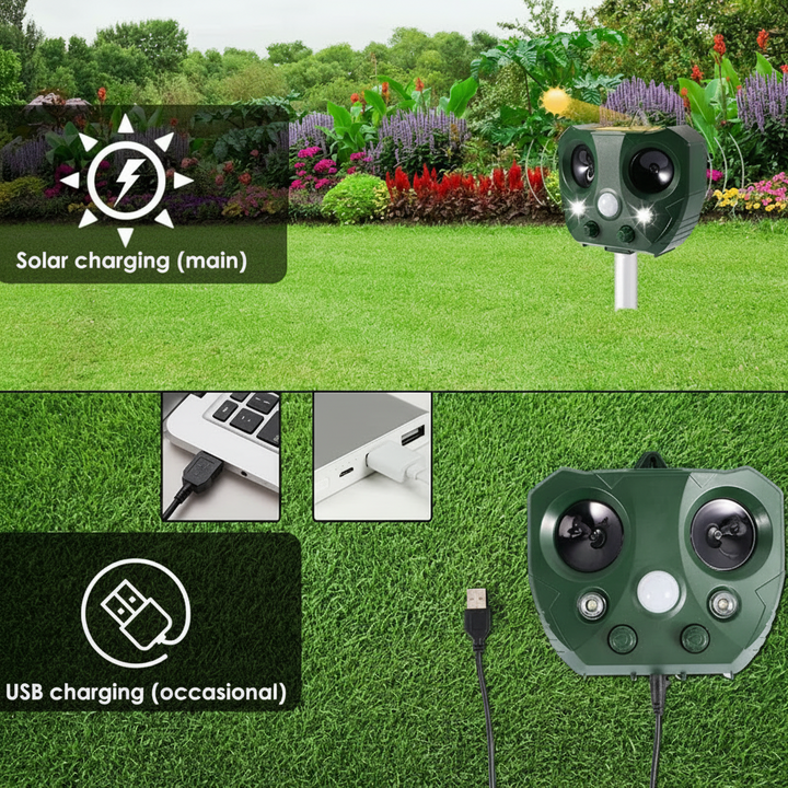 Ultrasone vogelverschrikker op zonne-energie voor bescherming van tuin en erf