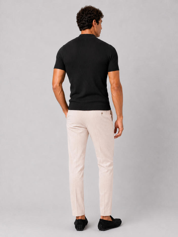 Heren-rib-T-shirt met opstaande kraag – getailleerde stretch top met korte mouwen