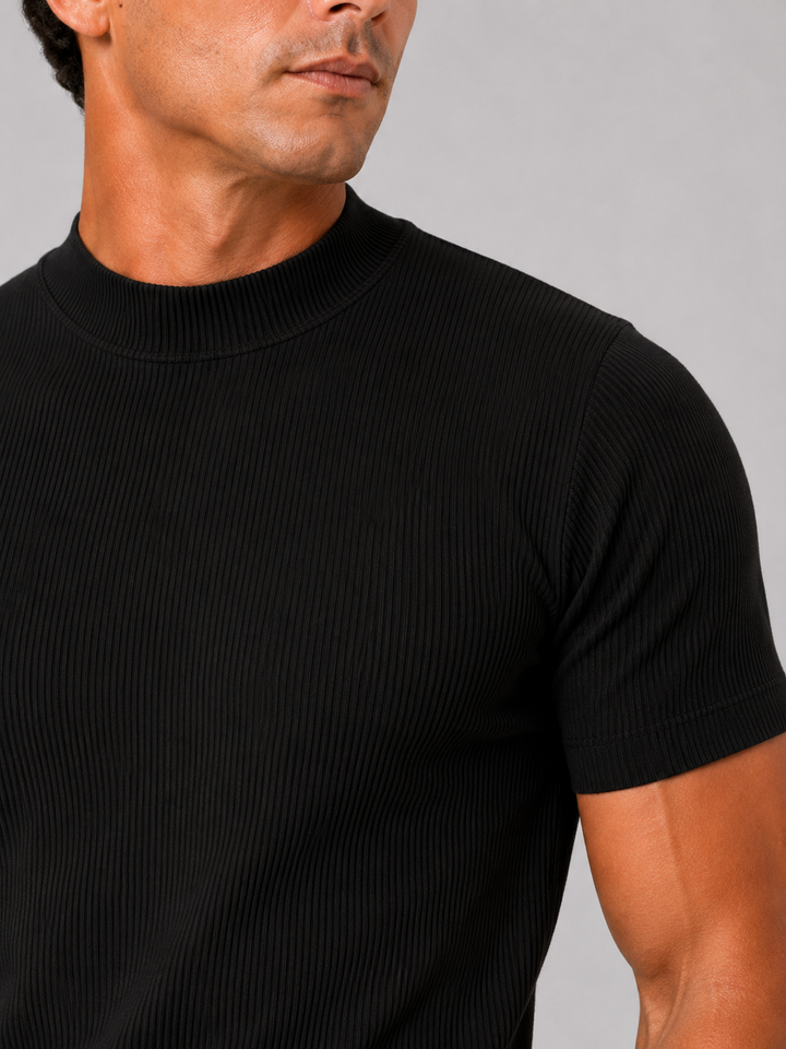 Heren-rib-T-shirt met opstaande kraag – getailleerde stretch top met korte mouwen