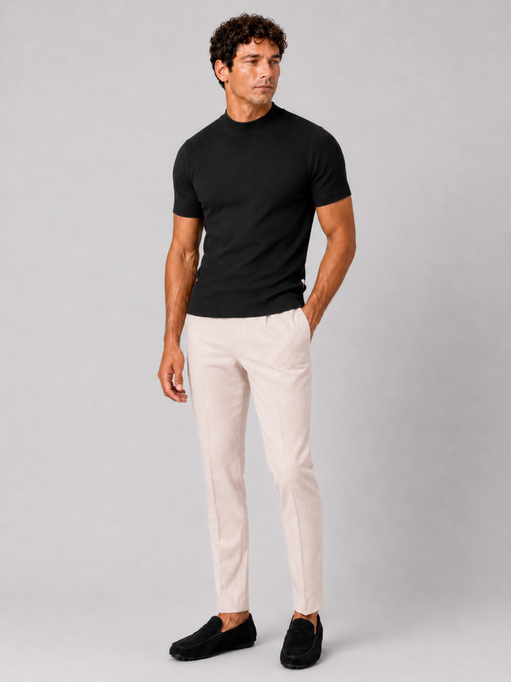Heren-rib-T-shirt met opstaande kraag – getailleerde stretch top met korte mouwen