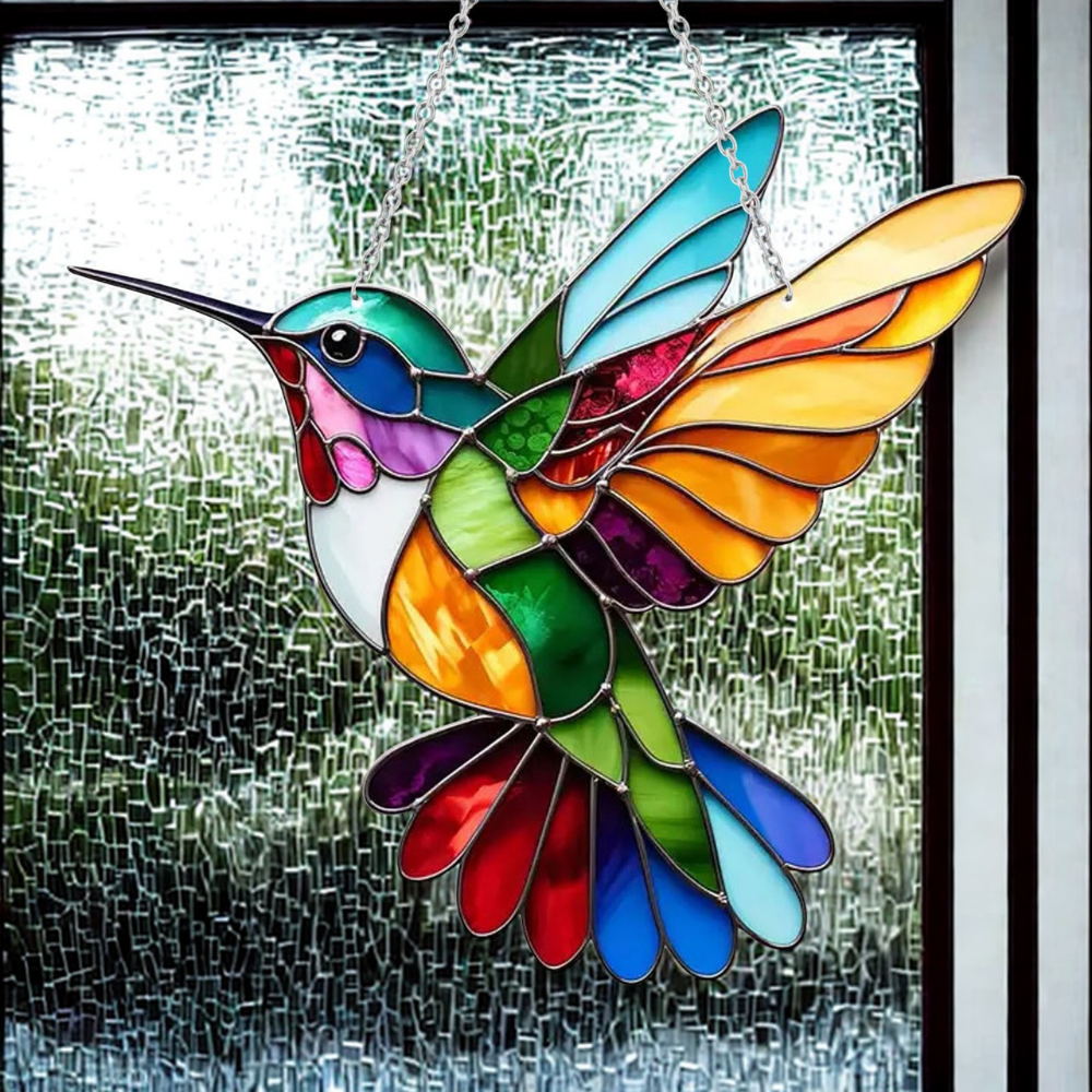 Raamdecoratie met blauwe vogel om op te hangen als zonnevanger