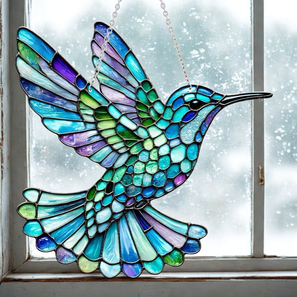 Raamdecoratie met blauwe vogel om op te hangen als zonnevanger