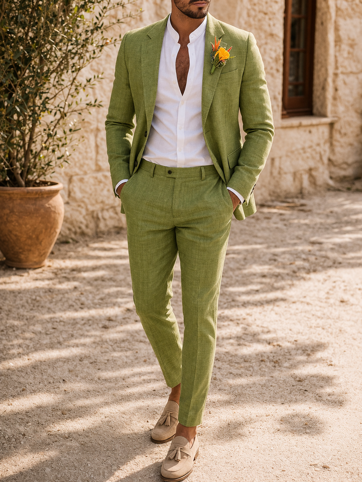 Op maat gemaakt linnen herenkostuum – elegante tweedelige outfit voor bijzondere gelegenheden