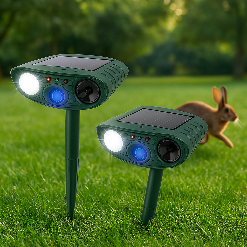 Zonne-energie ultrasone konijnenverjager, diervriendelijke tuinbescherming