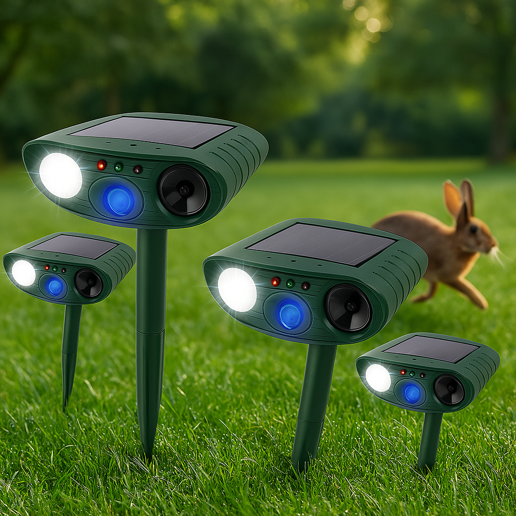 Zonne-energie ultrasone konijnenverjager, diervriendelijke tuinbescherming