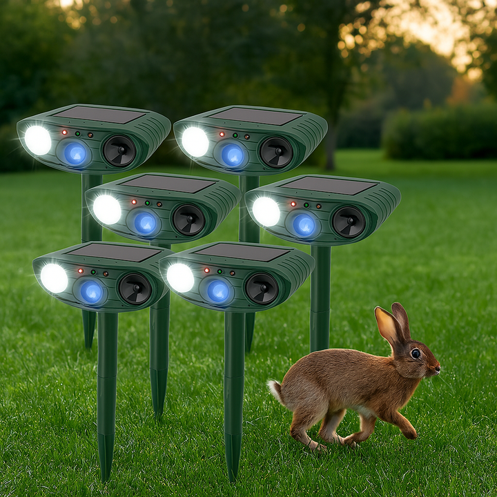 Zonne-energie ultrasone konijnenverjager, diervriendelijke tuinbescherming