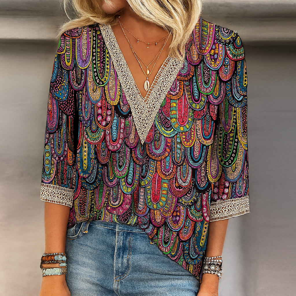 Bedrukte losse V-hals blouse