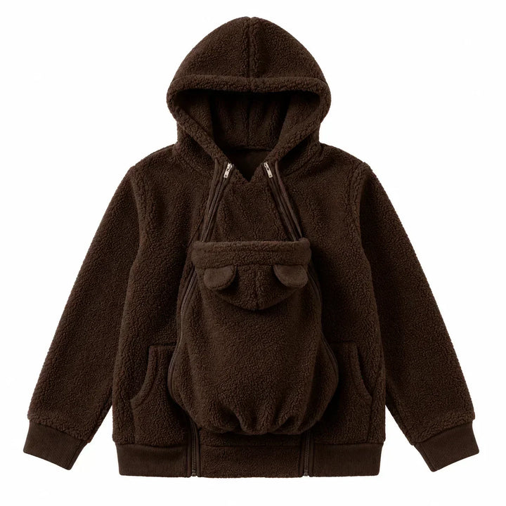 Knusse fleece hoodie om een baby in te dragen met voorvak