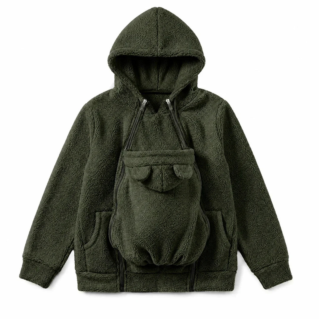 Knusse fleece hoodie om een baby in te dragen met voorvak