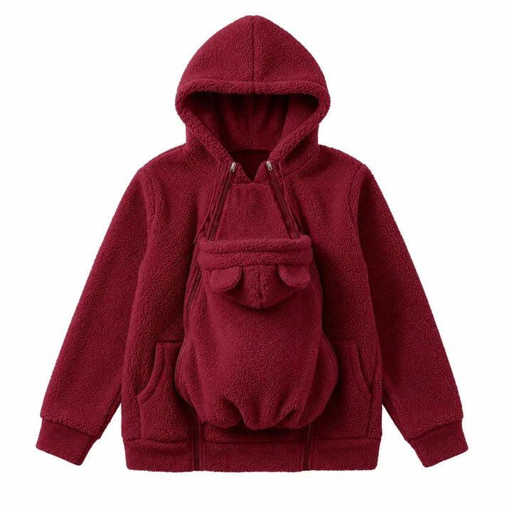 Knusse fleece hoodie om een baby in te dragen met voorvak