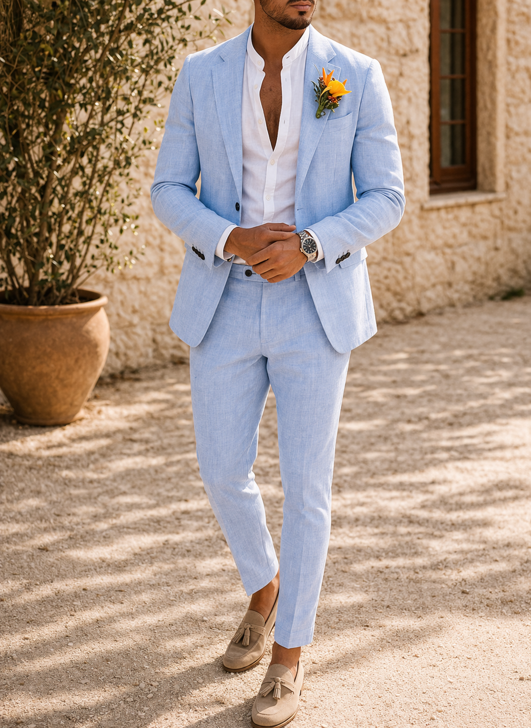 Op maat gemaakt linnen herenkostuum – elegante tweedelige outfit voor bijzondere gelegenheden