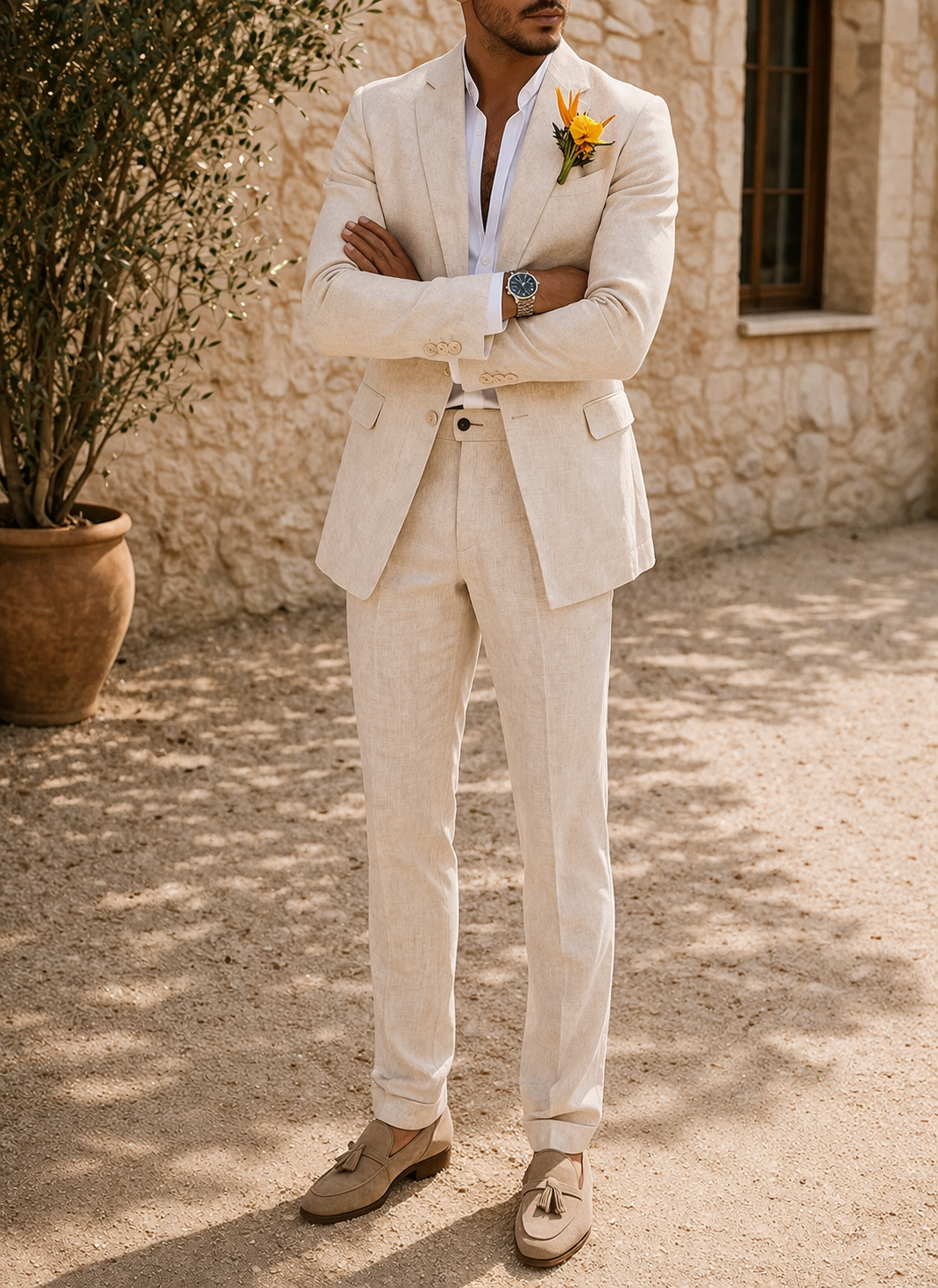 Op maat gemaakt linnen herenkostuum – elegante tweedelige outfit voor bijzondere gelegenheden