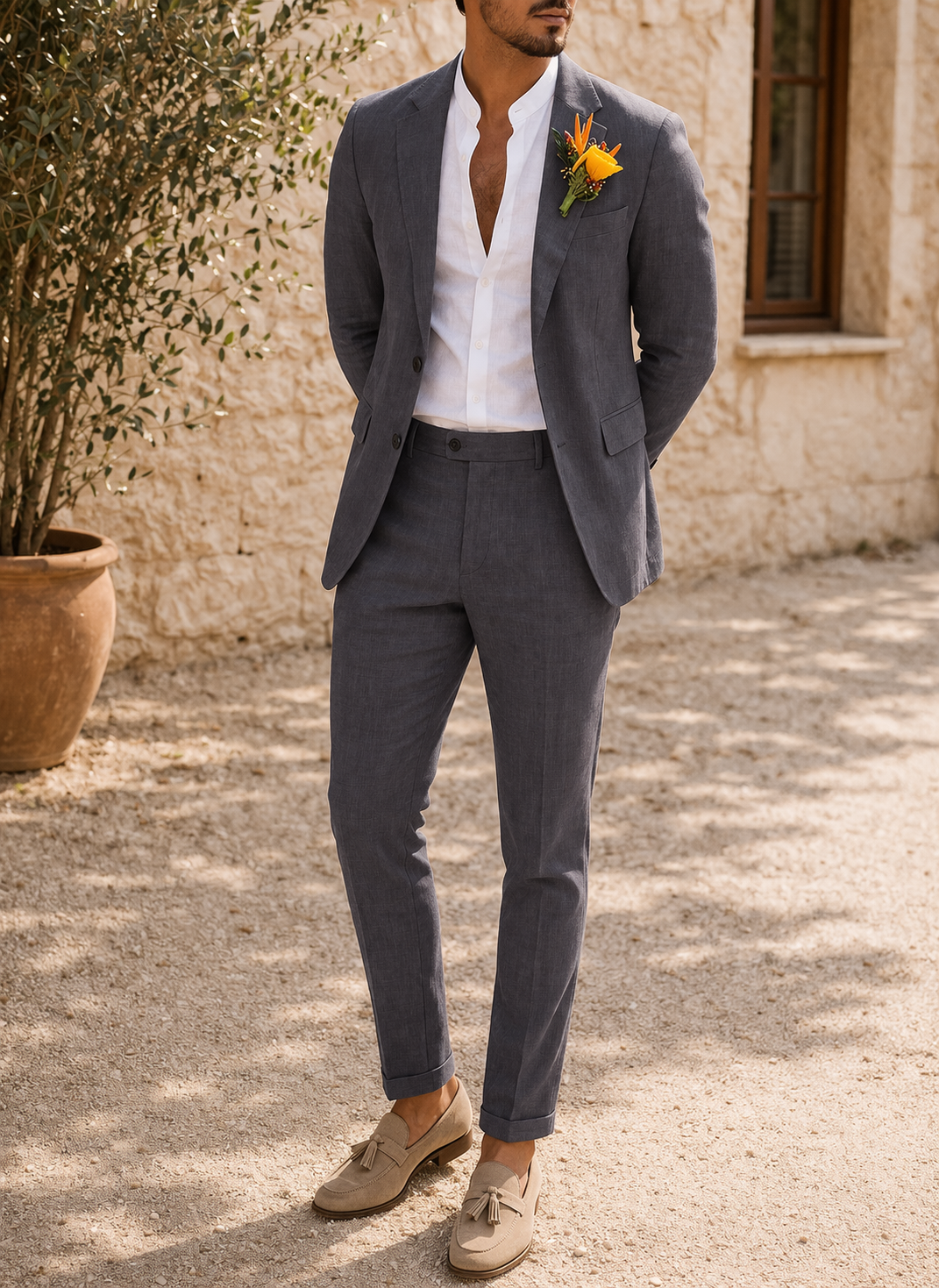 Op maat gemaakt linnen herenkostuum – elegante tweedelige outfit voor bijzondere gelegenheden