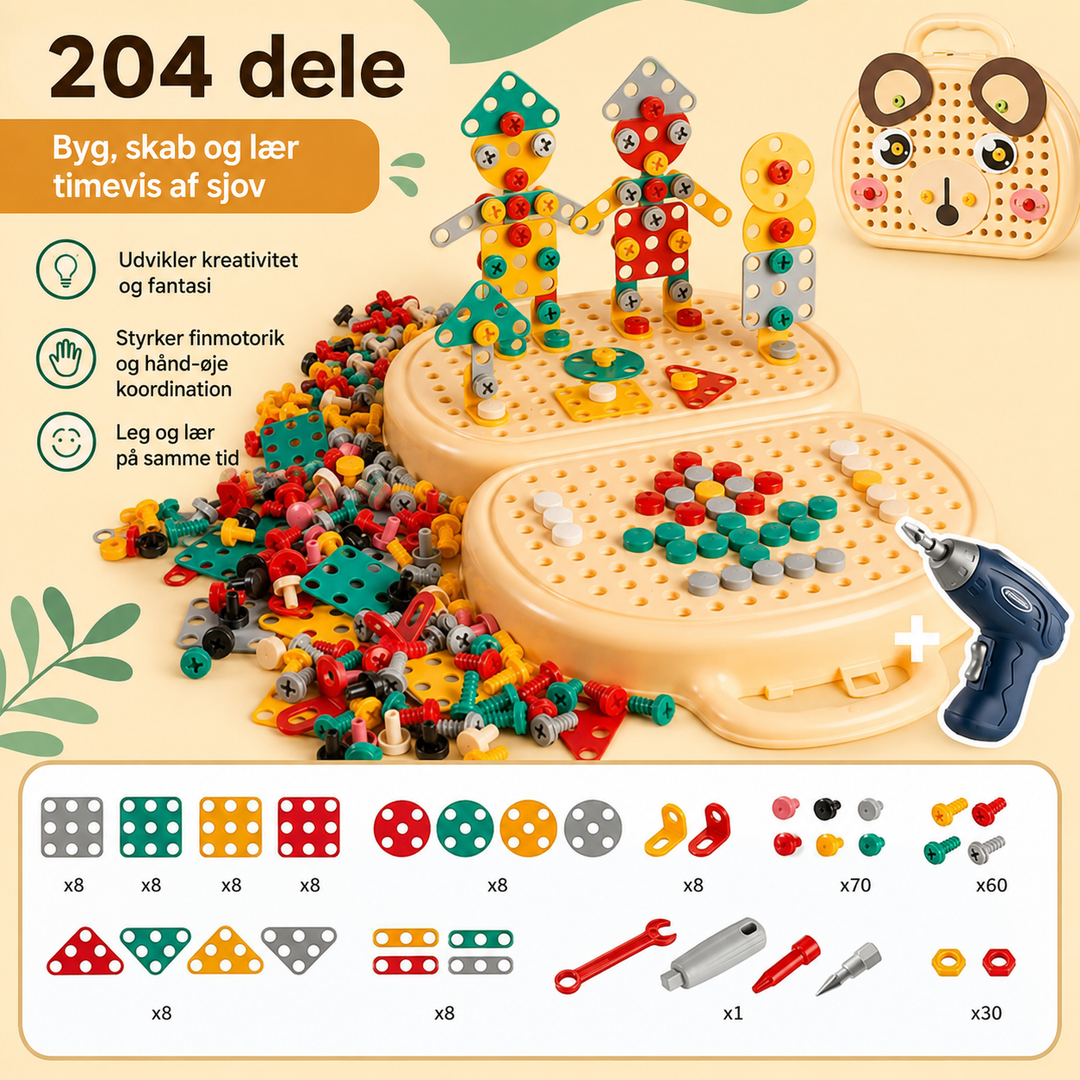 Montessori gereedschapskistset voor kinderen met speelgoedboor, 204 stukjes