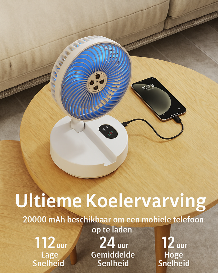 Ventilator op accu - tot 24 uur koelen op 1 lading