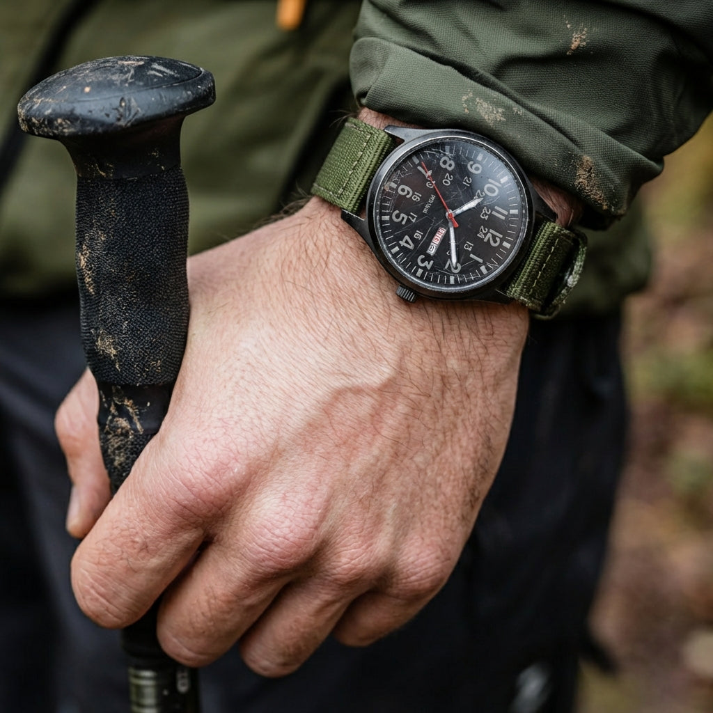Herenhorloge in veldstijl met geweven stoffen band en dag- en datumaanduiding