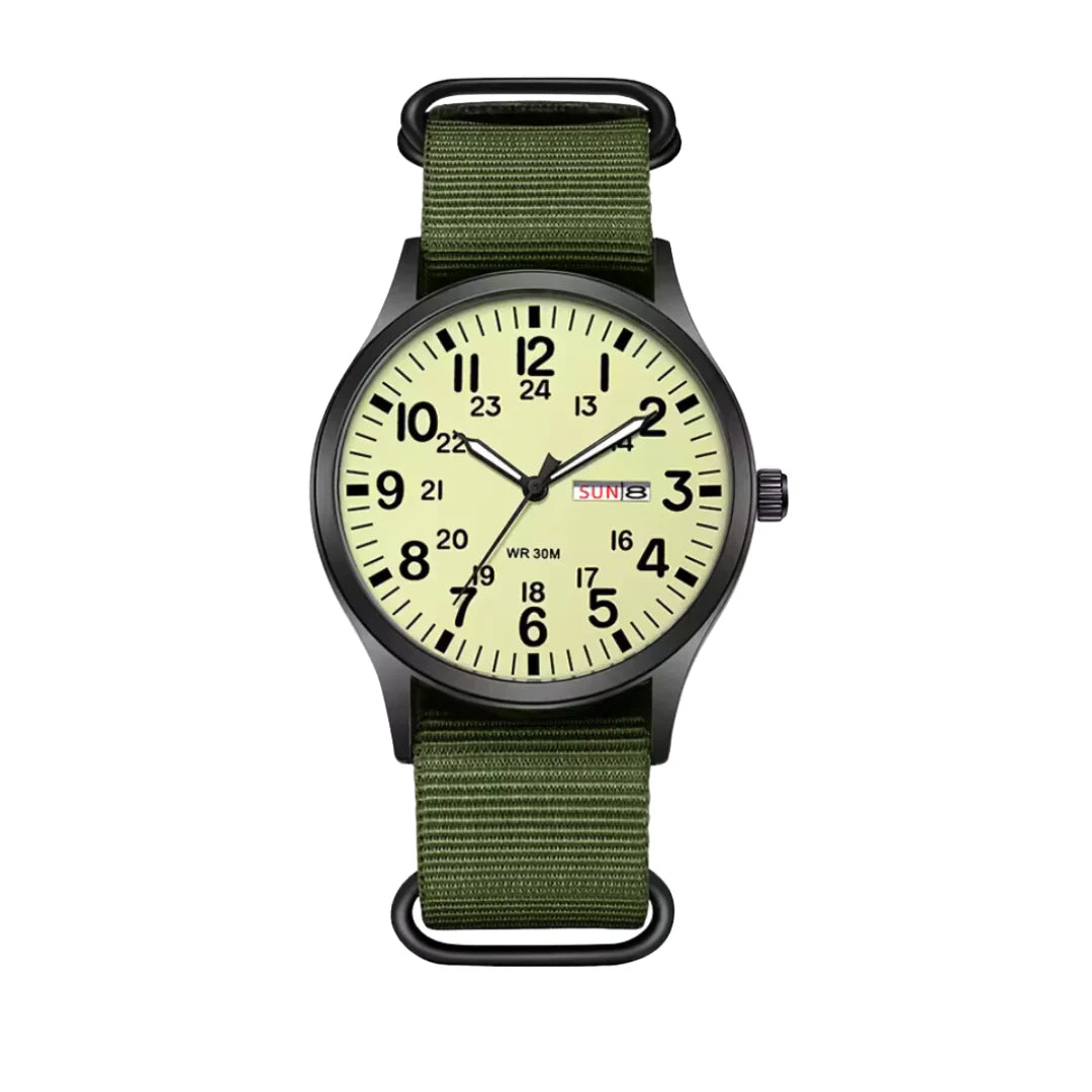 Herenhorloge in veldstijl met geweven stoffen band en dag- en datumaanduiding