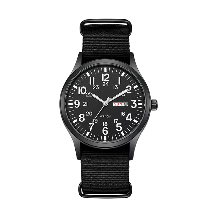 Herenhorloge in veldstijl met geweven stoffen band en dag- en datumaanduiding