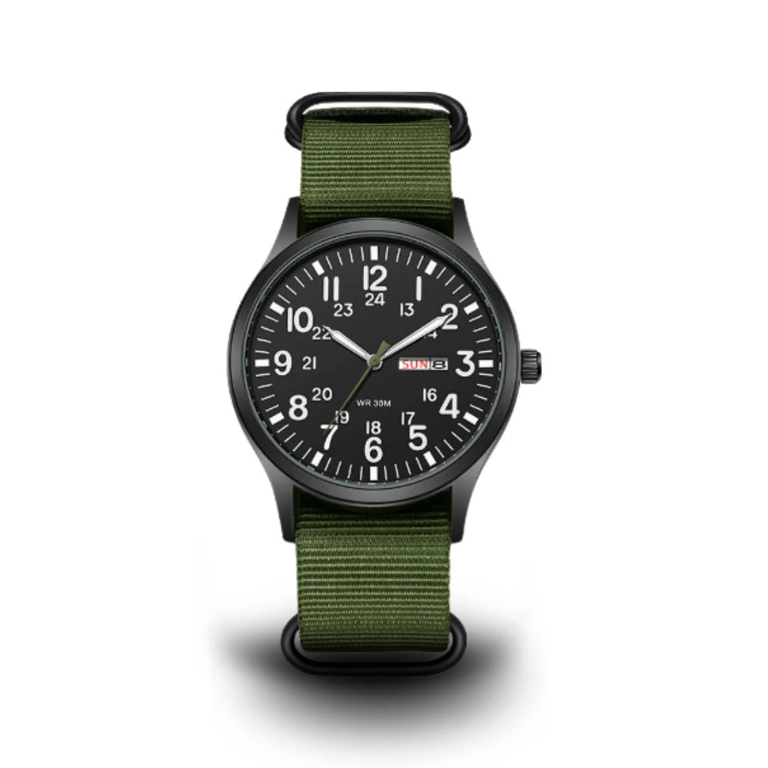 Herenhorloge in veldstijl met geweven stoffen band en dag- en datumaanduiding