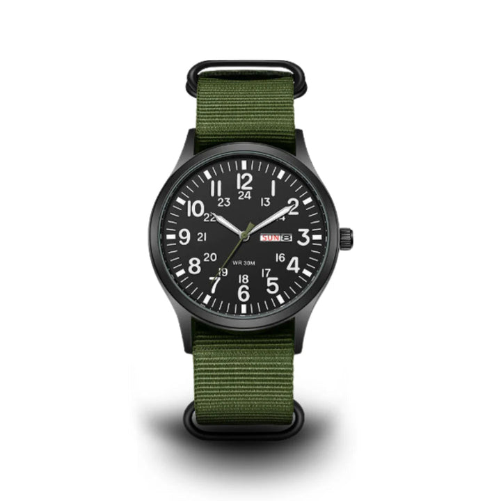 Herenhorloge in veldstijl met geweven stoffen band en dag- en datumaanduiding