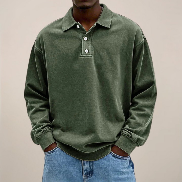 Herenpoloshirt met lange mouwen, knoopsluiting en losse pasvorm