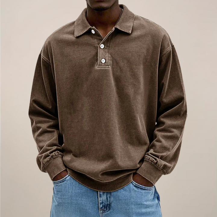 Herenpoloshirt met lange mouwen, knoopsluiting en losse pasvorm