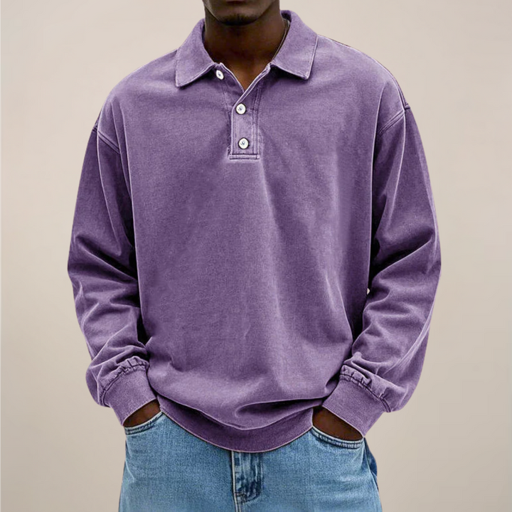 Herenpoloshirt met lange mouwen, knoopsluiting en losse pasvorm