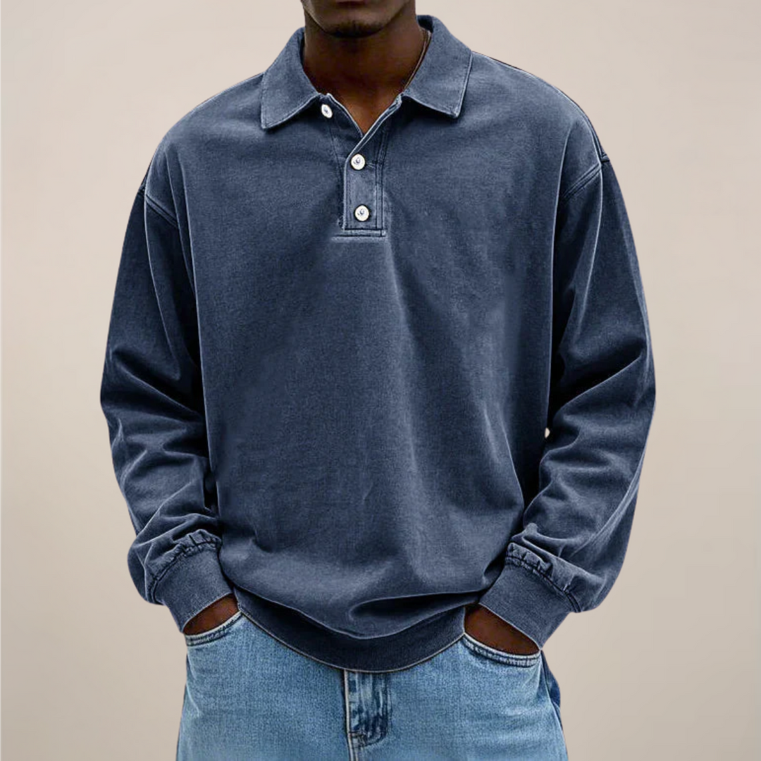 Herenpoloshirt met lange mouwen, knoopsluiting en losse pasvorm