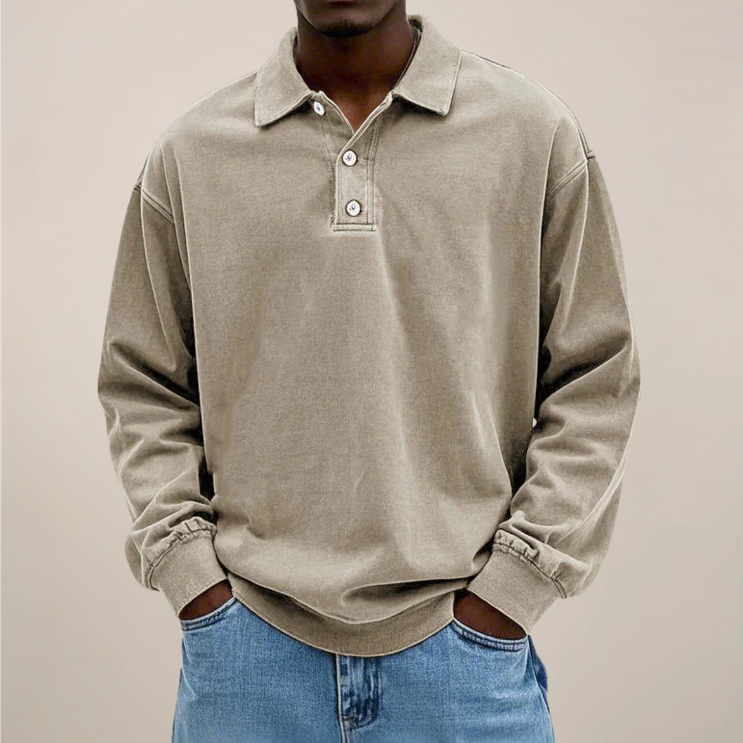 Herenpoloshirt met lange mouwen, knoopsluiting en losse pasvorm